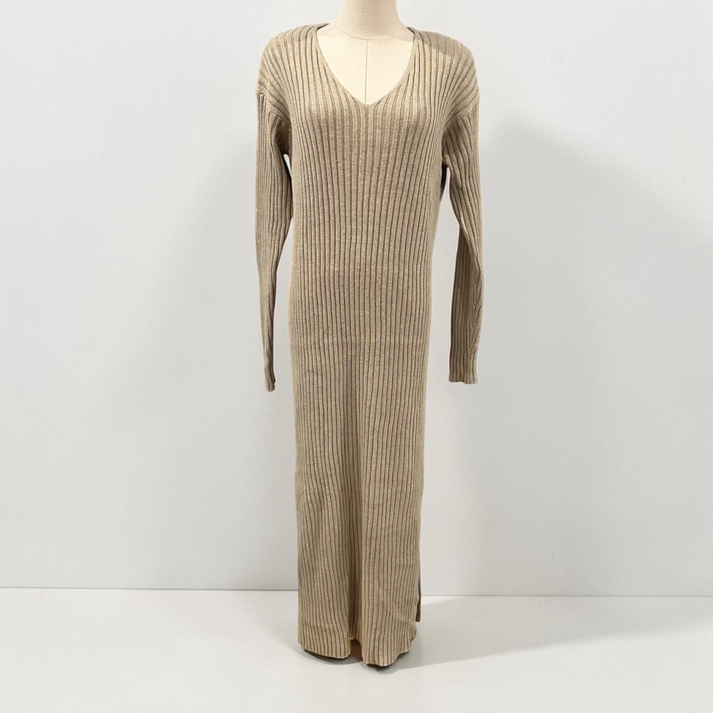 Vtg Express Tricot Ribbed Knit Maxi Sweater Dress Beige Tan V Neck Cozy L 90s